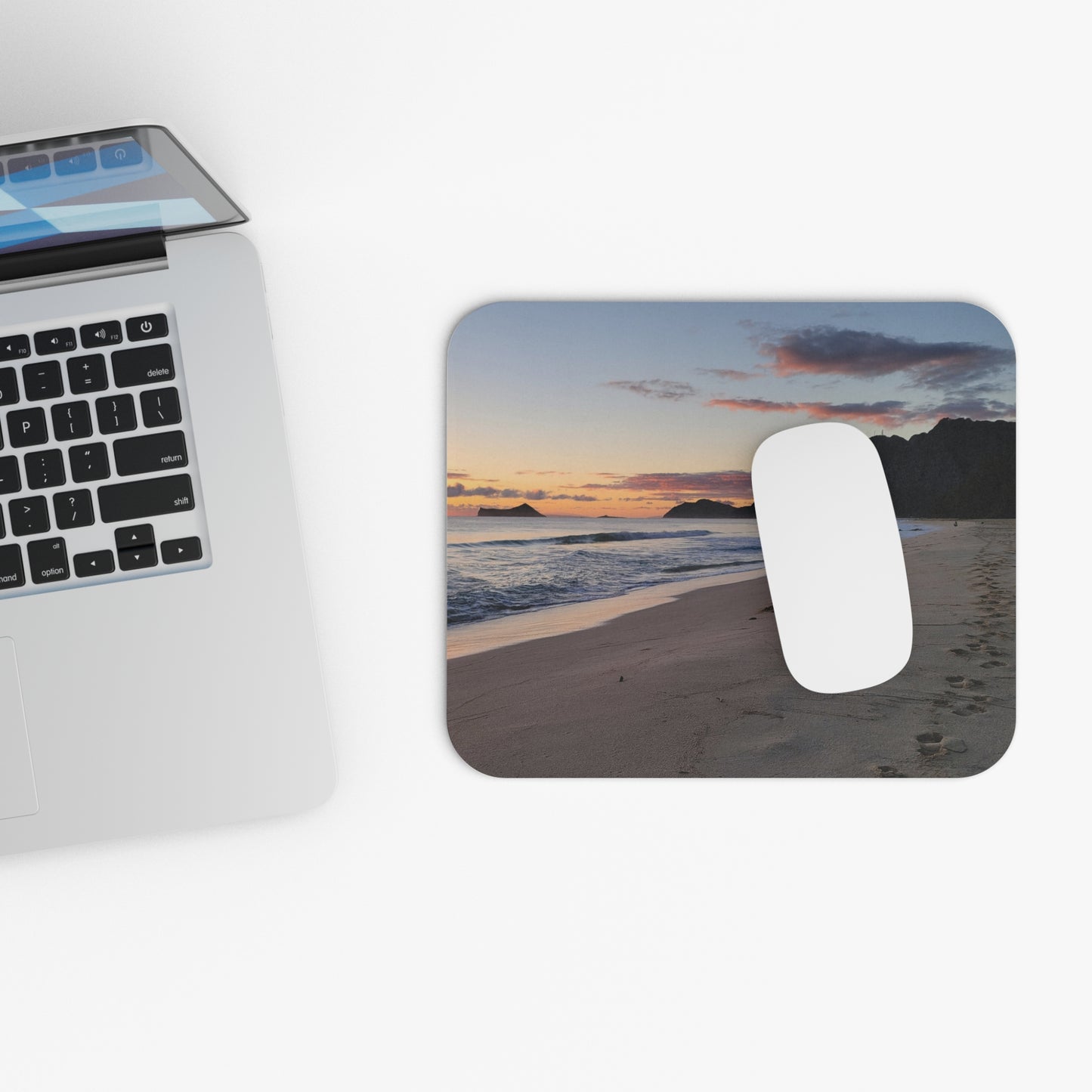 Sunset Beach Scene Mouse Pad | Coastal Waves, Sandy Footprints