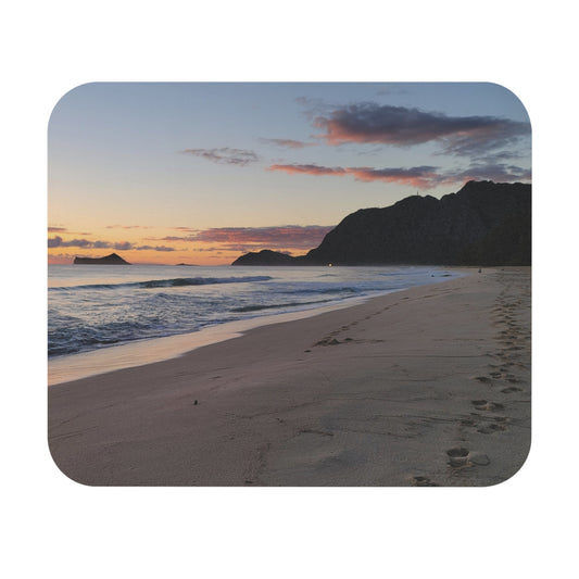 Sunset Beach Scene Mouse Pad | Coastal Waves, Sandy Footprints